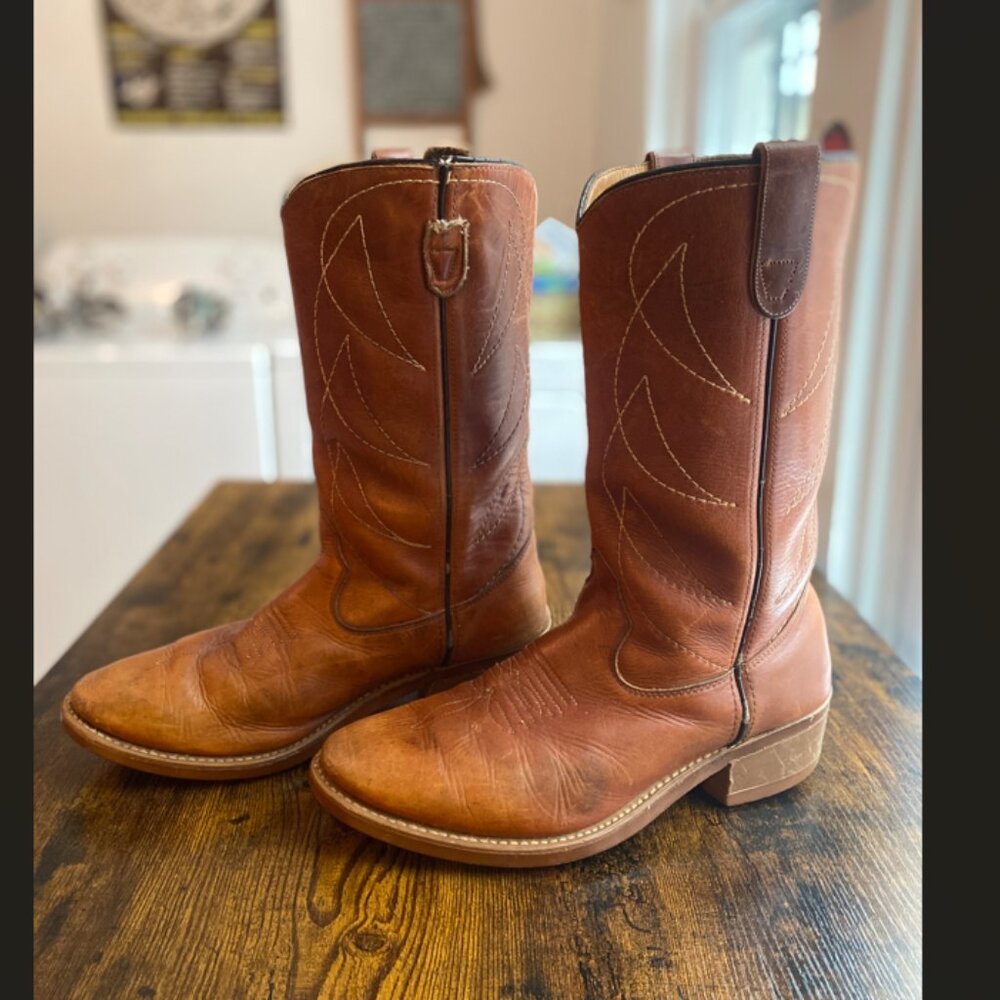 Vintage 1970s Double H Leather Cowboy Boots Men's Size 8.5 Unisex Western - Picture 2 of 13